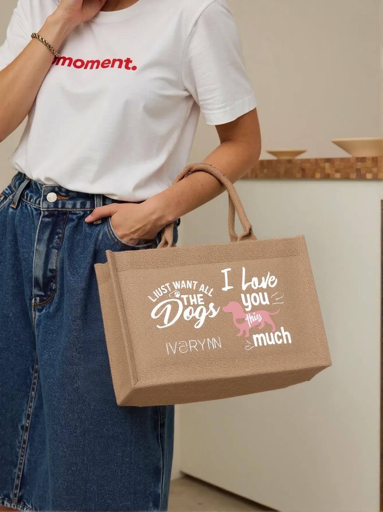 I Love You Dogs Reusable Jute Burlap Tote Bags
