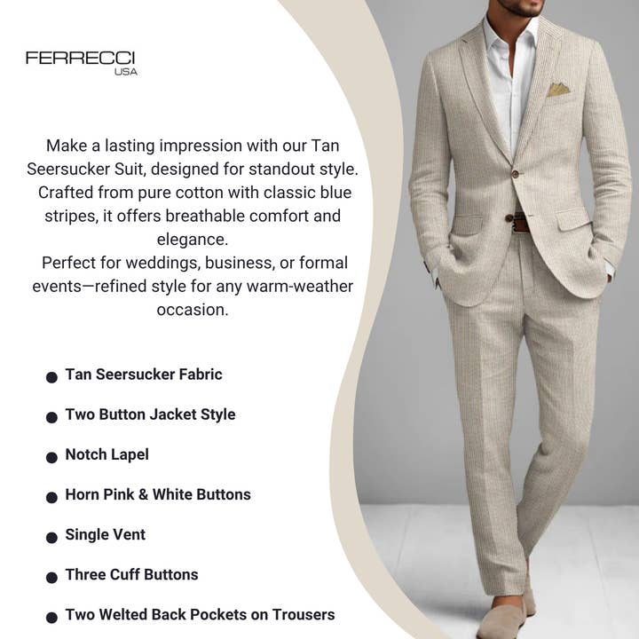 Ferrecci Men's Tan Slim Fit Two-Button Seersucker Suit Set for Formal Occasions
