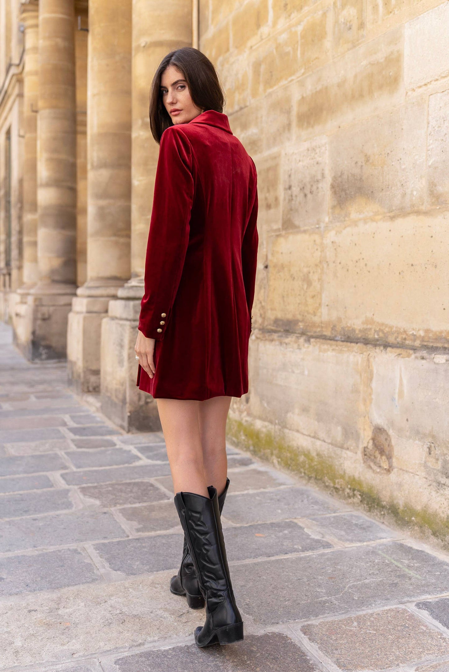 Luxurious Velvet Long-Sleeve Double-Breasted Dress Jacket with Gold Buttons V2020N