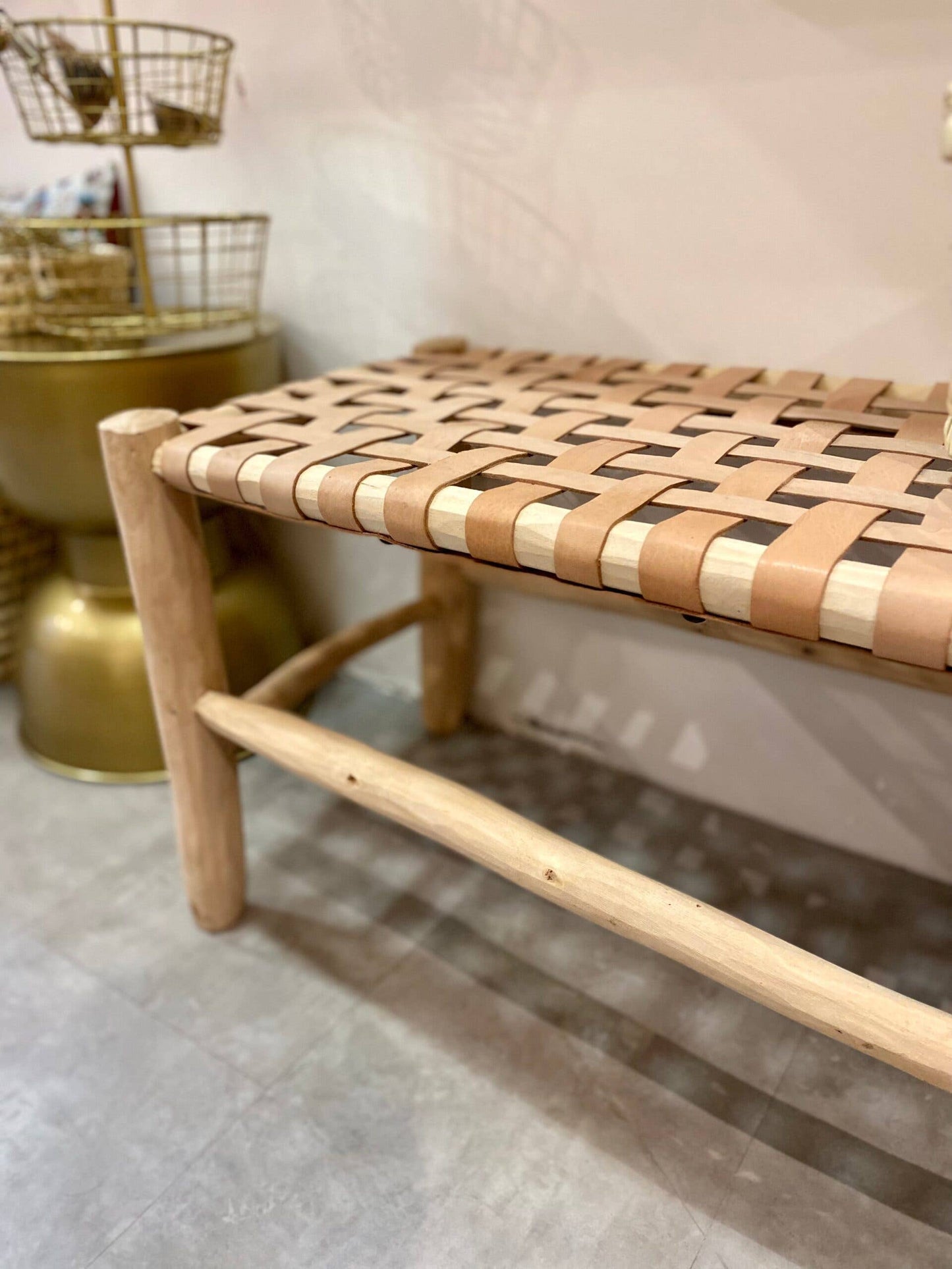 Authentic Handcrafted Moroccan Wooden Bench, Woven Leather Seat, Durable Eucalyptus Wood