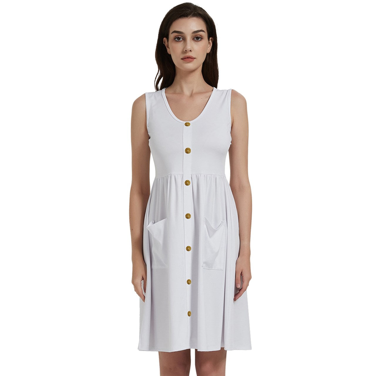 Gold buttons Sleeveless White Dress With Pocket