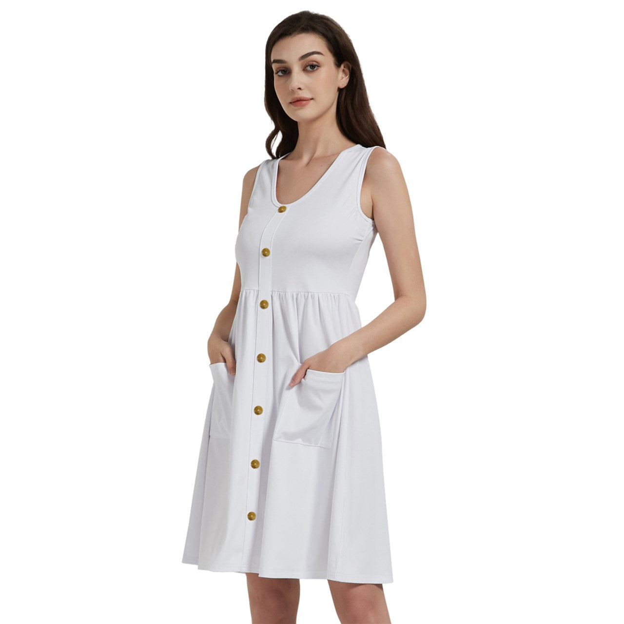 Gold buttons Sleeveless White Dress With Pocket