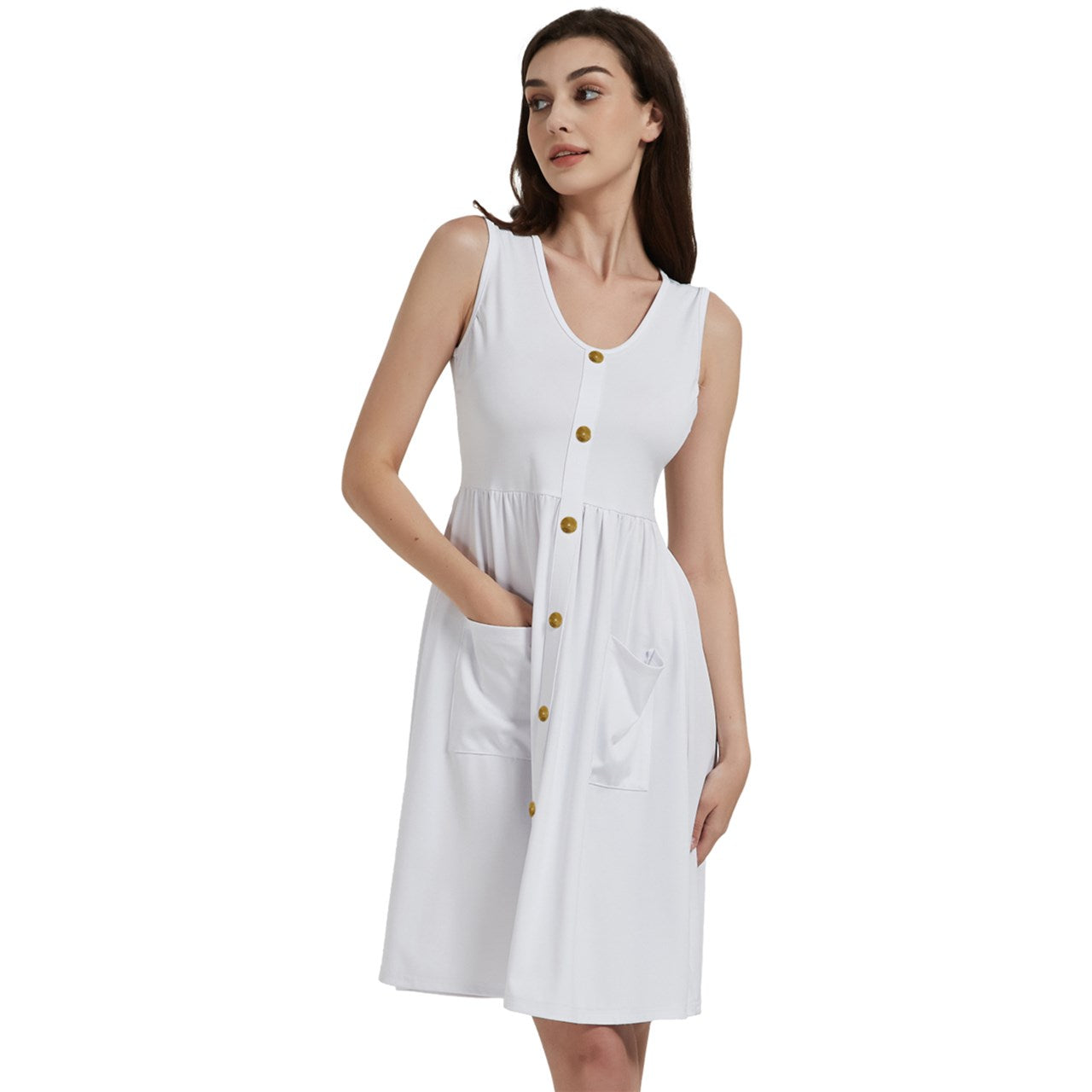 Gold buttons Sleeveless White Dress With Pocket