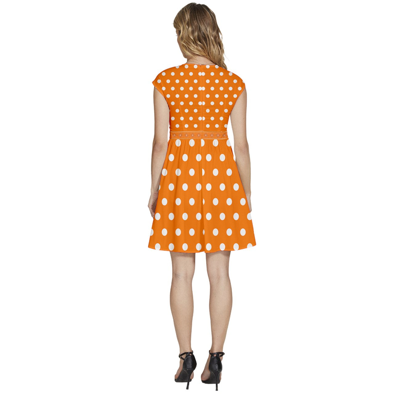 Cap Sleeve High Waist Dots Orange Dress