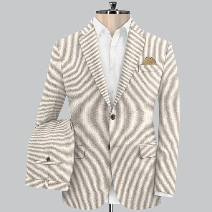 Ferrecci Men's Tan Slim Fit Two-Button Seersucker Suit Set for Formal Occasions