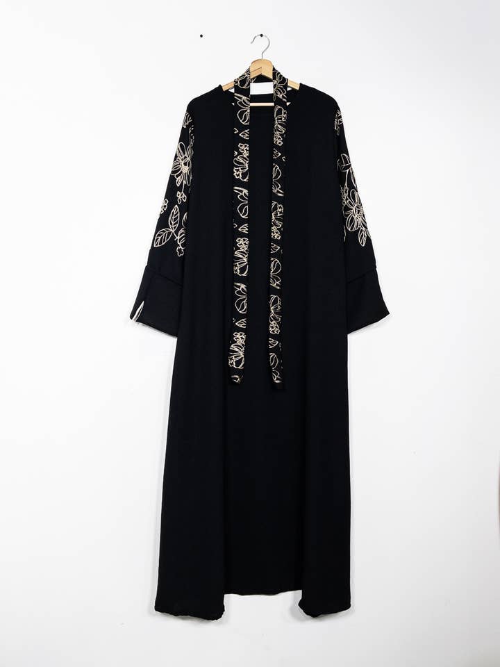 Elegant Floral Embroidered Abaya Dress with Matching Belt and Cream Lining