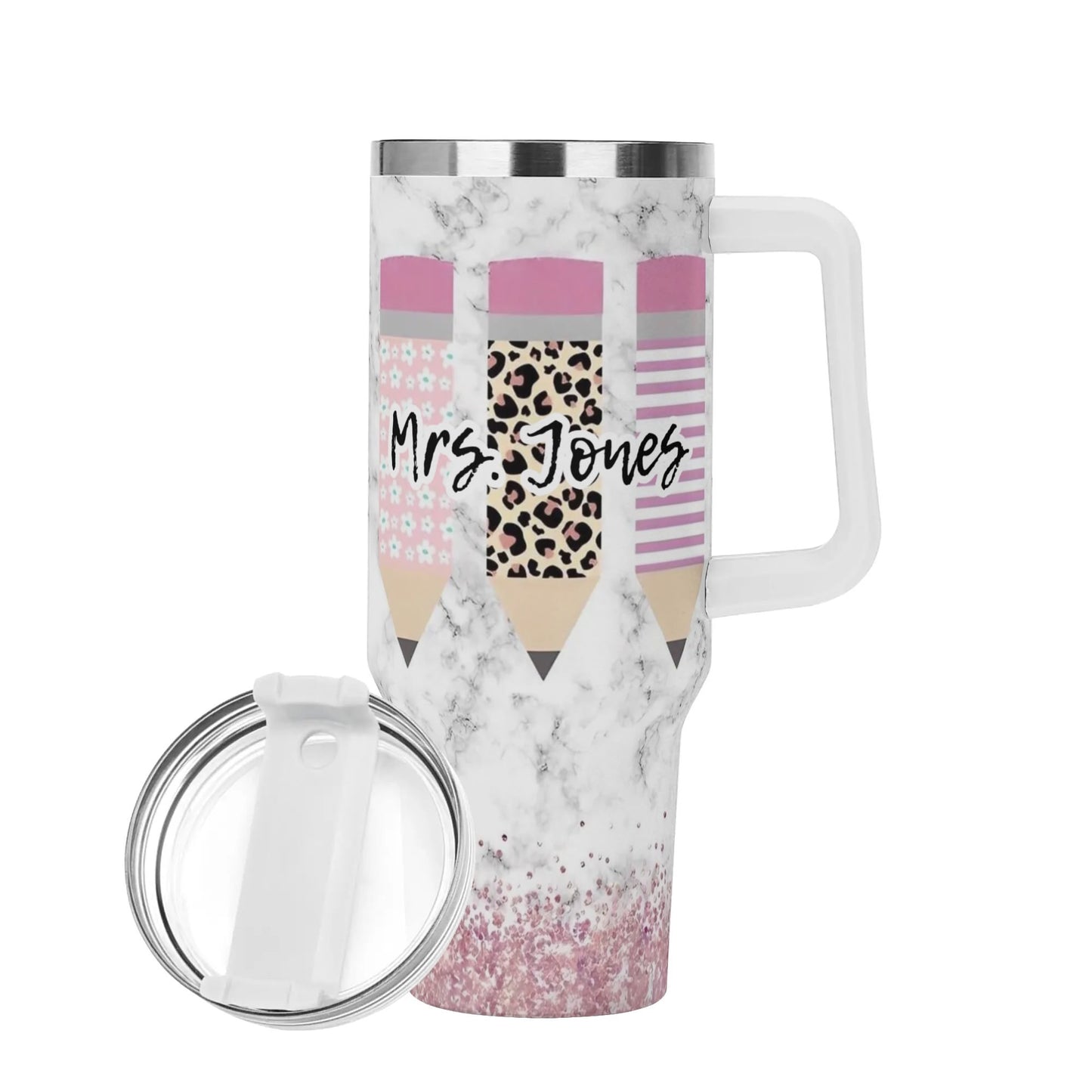 MRS JONES 40oz Stainless Steel Tumbler With White Handle and Straw