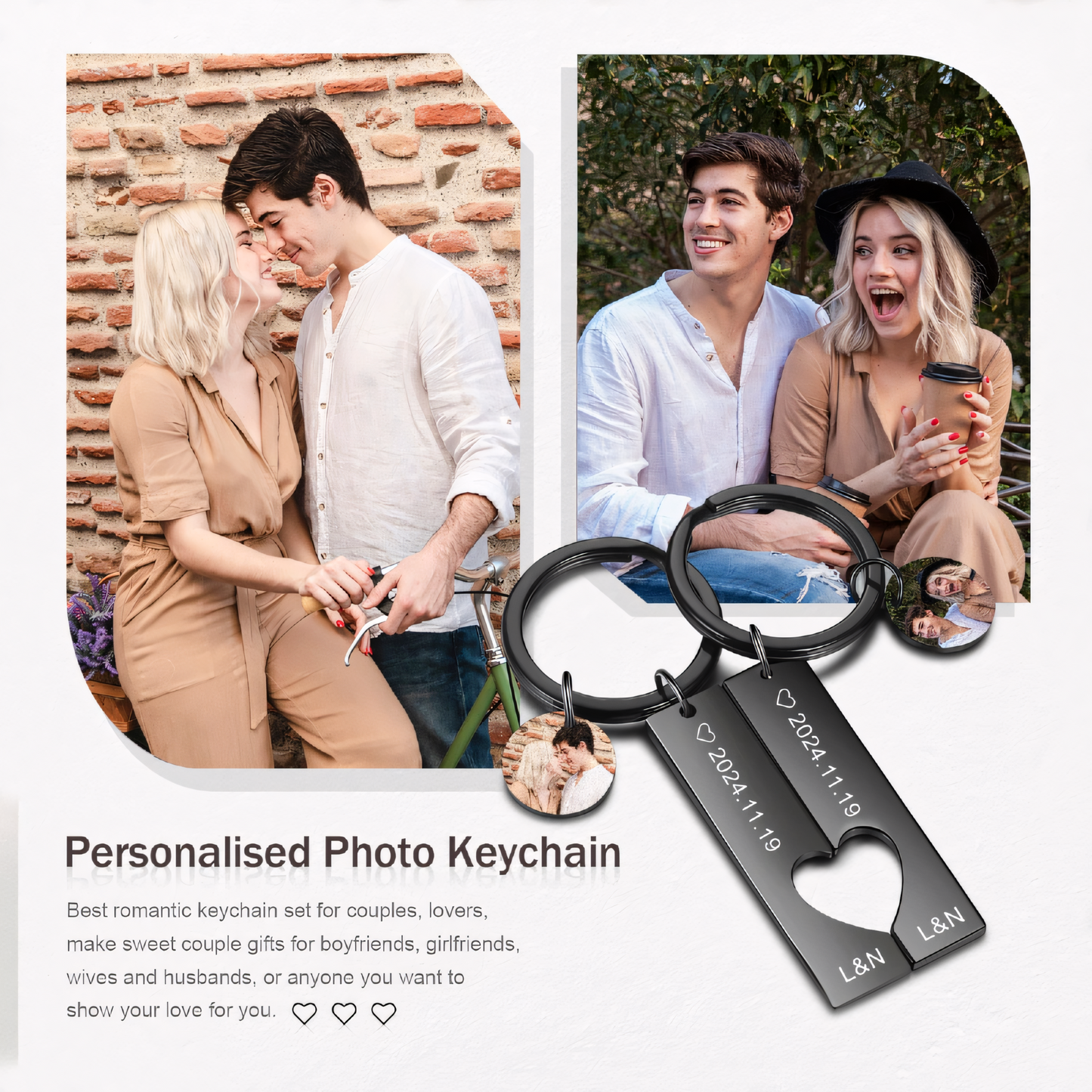 Custom Photo & Text Couple Stainless Steel Keychains
