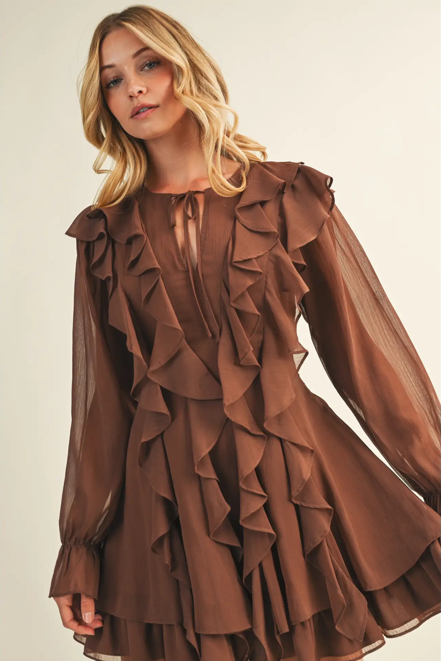 Tie Front Ruffled Brown Short Dress