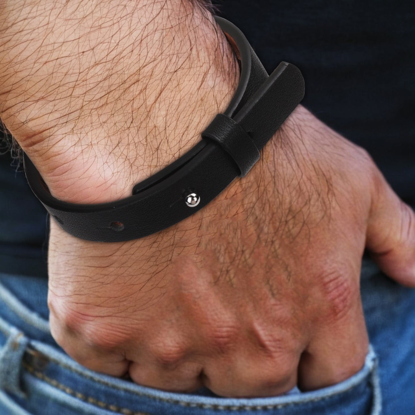 M&H Engraved Black Leather Bracelet