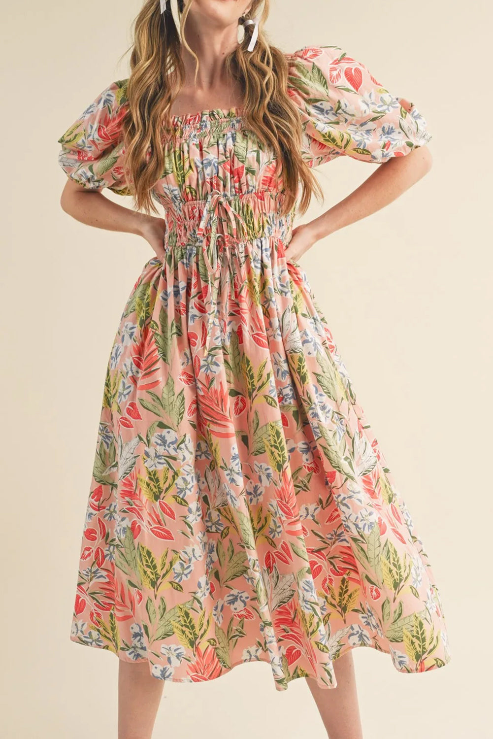Apricot Pink Floral Knot Smocked Bubble Sleeve Dress