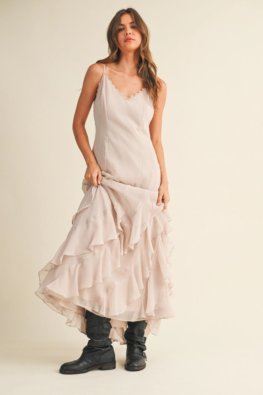 Lace V Neck Ruffled Cami Cream Dress
