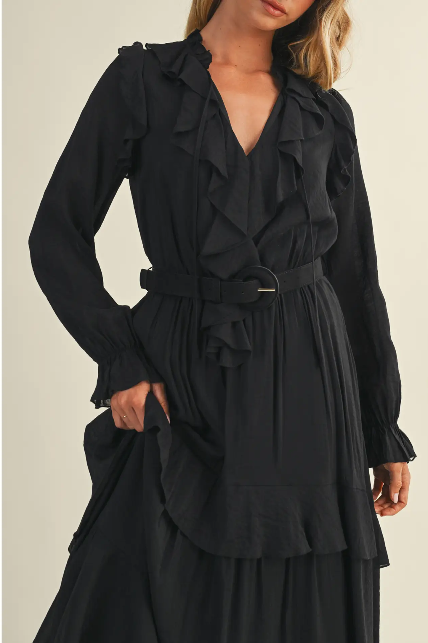 Luxury Belted Ruffled Long Black Dress