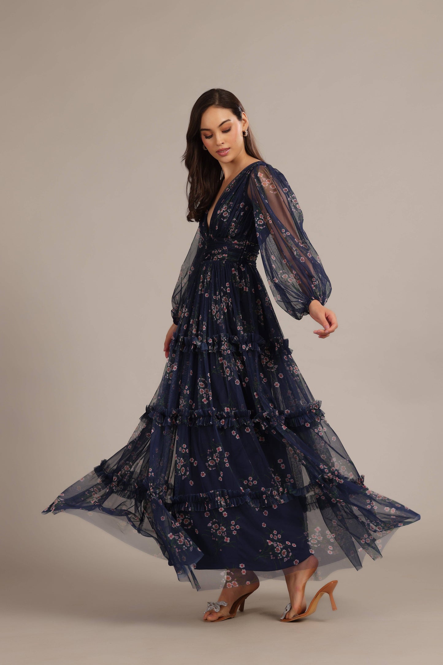 Lydia Elegant Navy Floral Tulle Maxi Dress with V-Neck and Cinched Waist