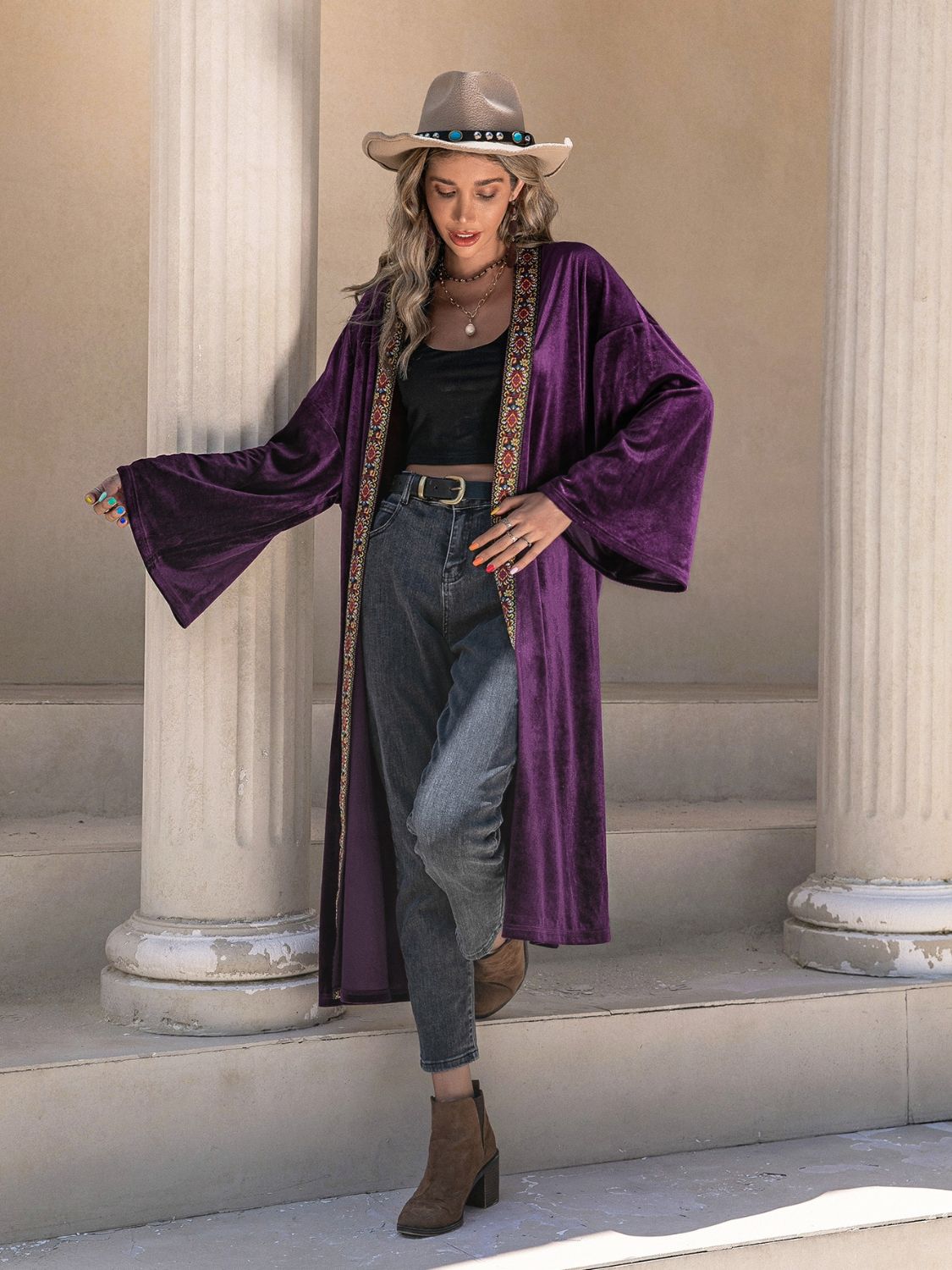 Embroidered Open Front Long Sleeve Cardigan Abaya