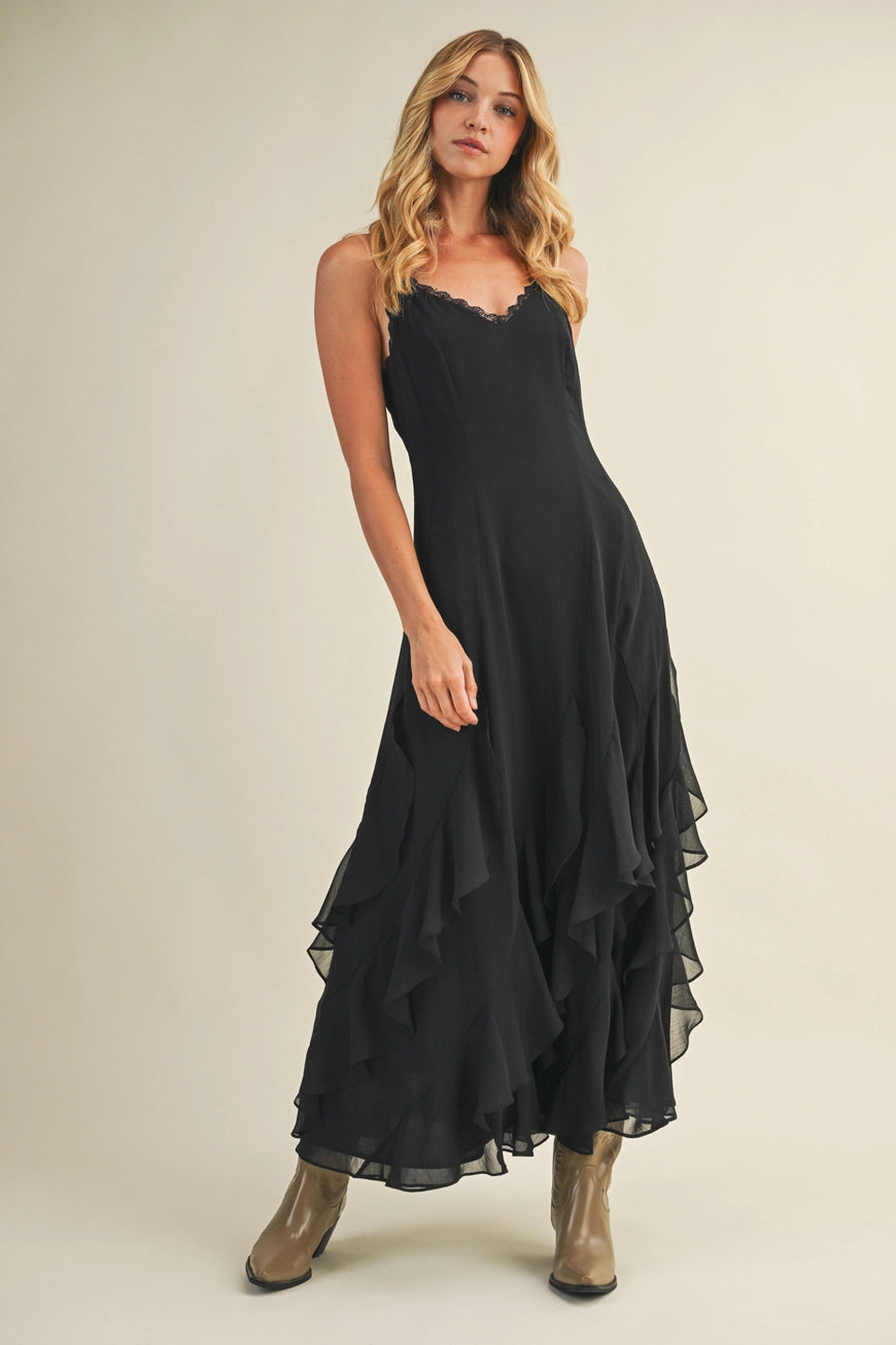 Lace V Neck Ruffled Cami Black Dress