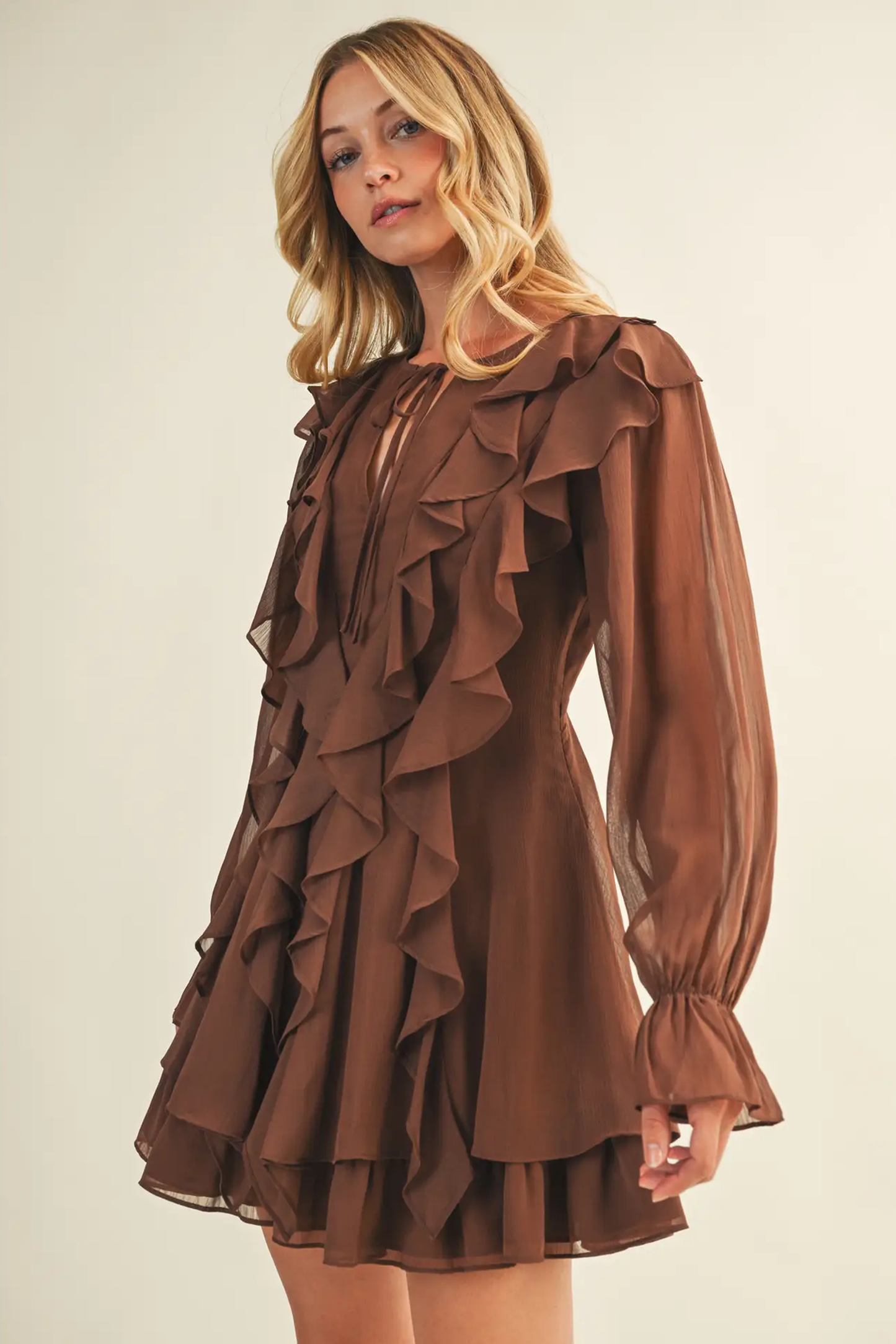Tie Front Ruffled Brown Short Dress