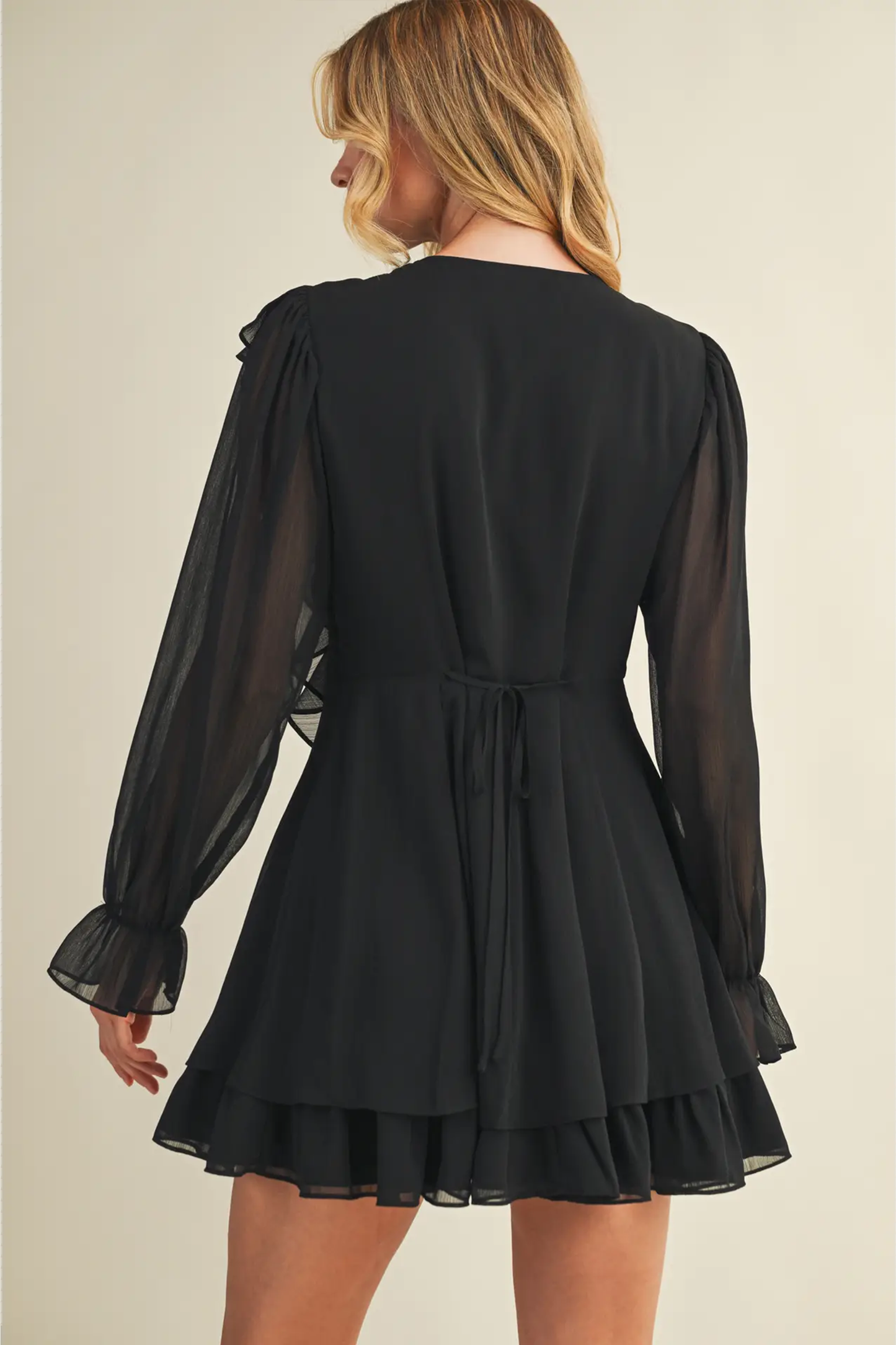 Tie Front Ruffled Black Short Dress