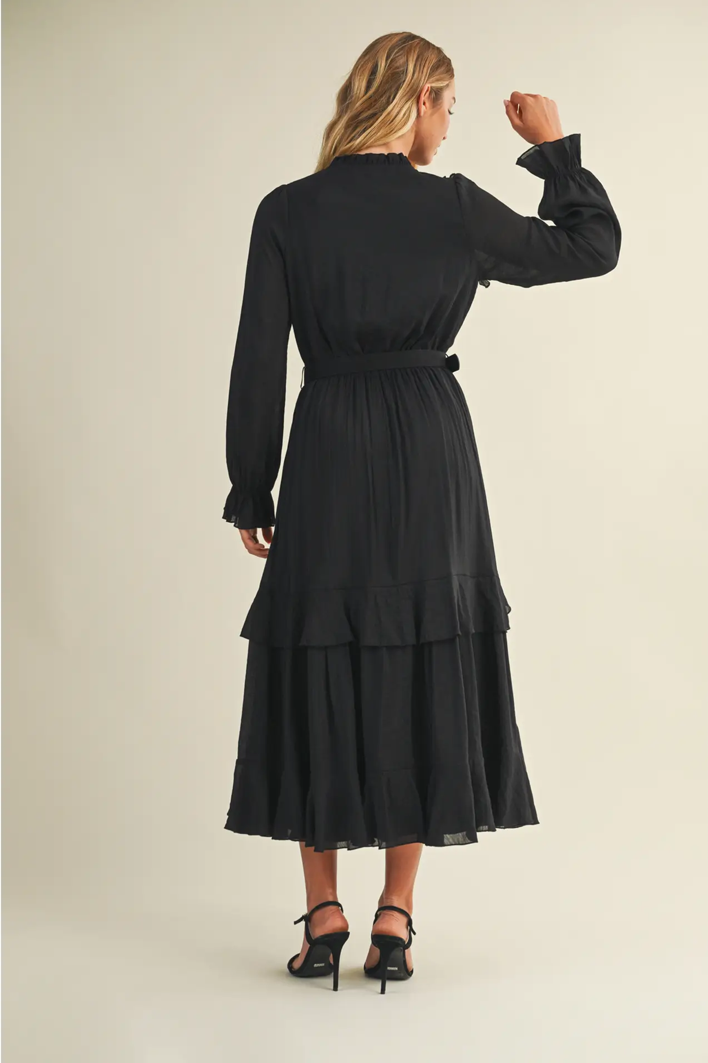 Luxury Belted Ruffled Long Black Dress