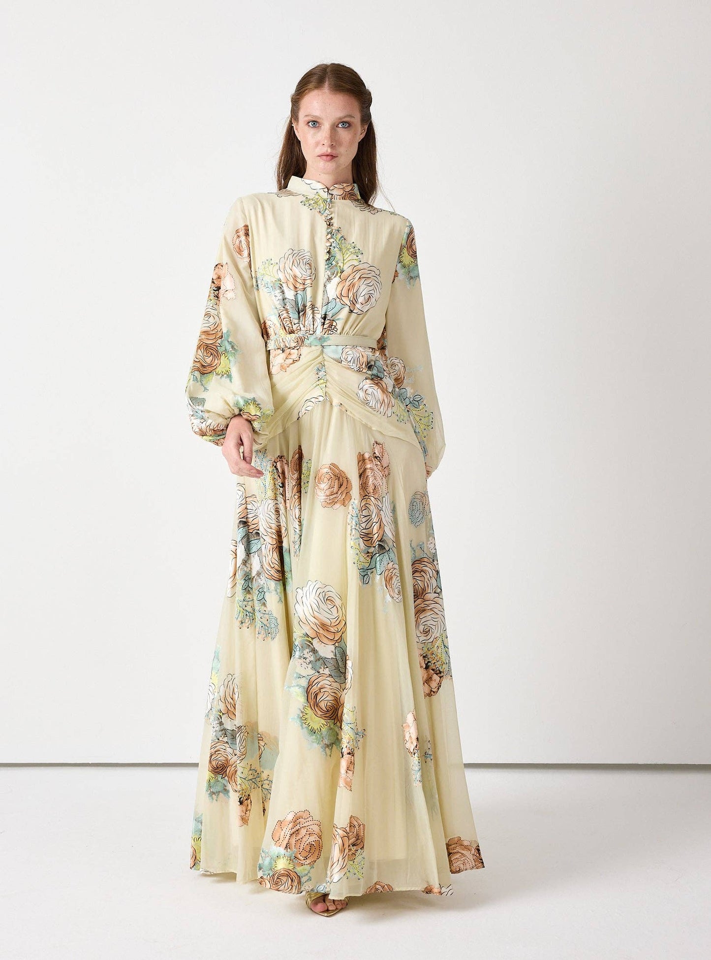 Wholesale Floral Belted Devoré Velvet Effect Maxi Dress for Women