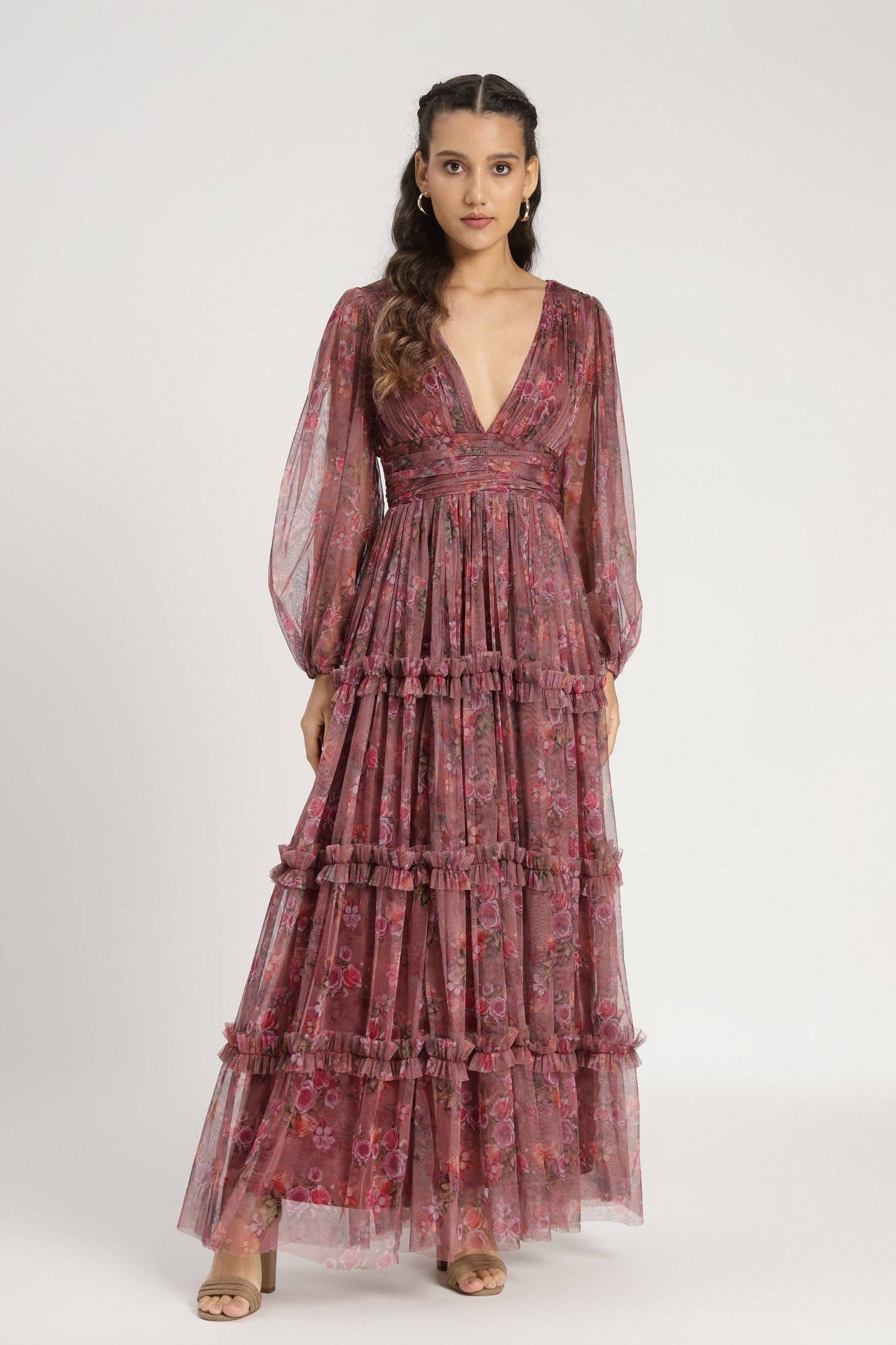 Elegant Purple Floral Tulle Maxi Dress for Formal & Wedding Guest Occasions
