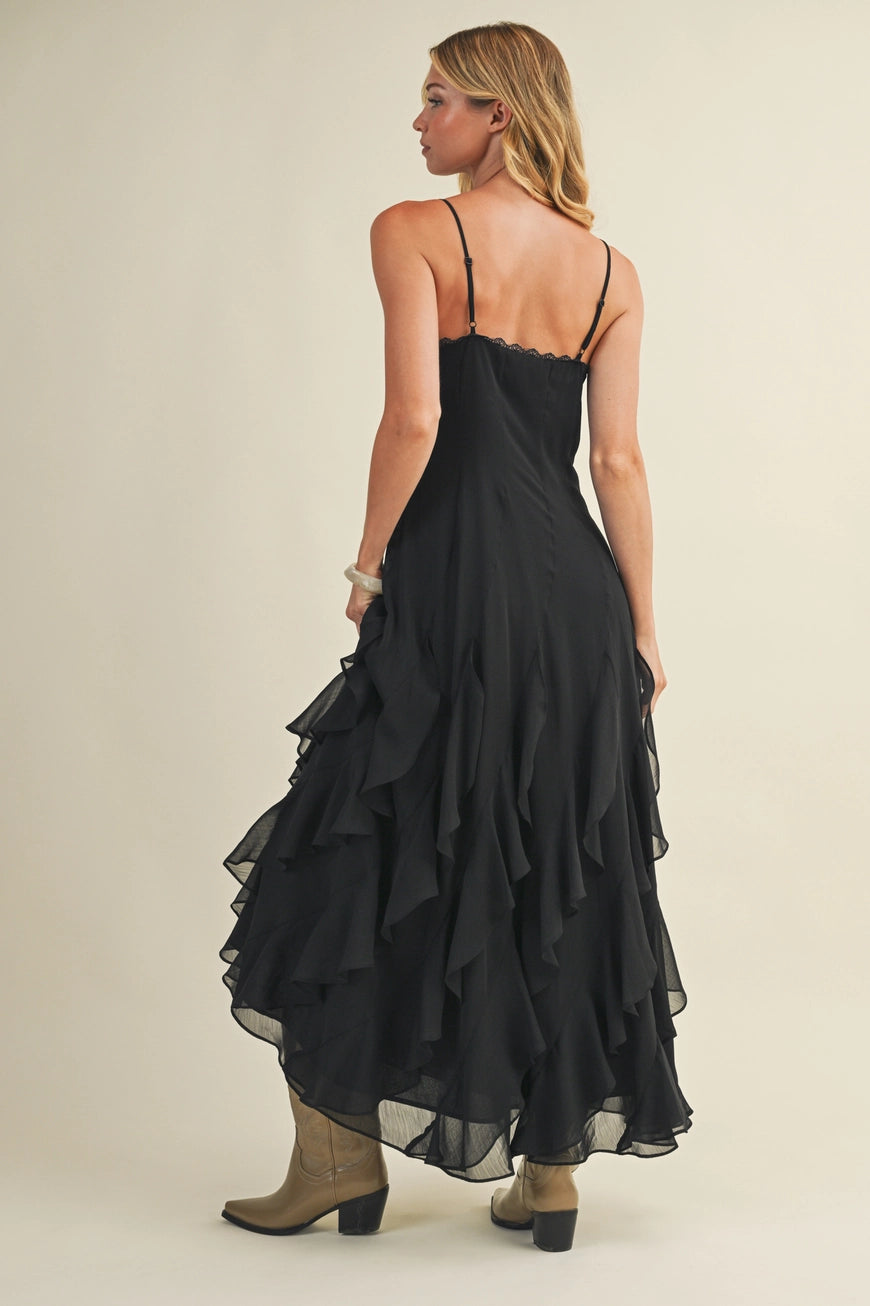 Lace V Neck Ruffled Cami Black Dress