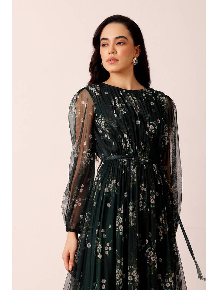 Elegant Emerald Floral Long Sleeve Maxi Dress | Pleated Tulle Gown for Special Occasions