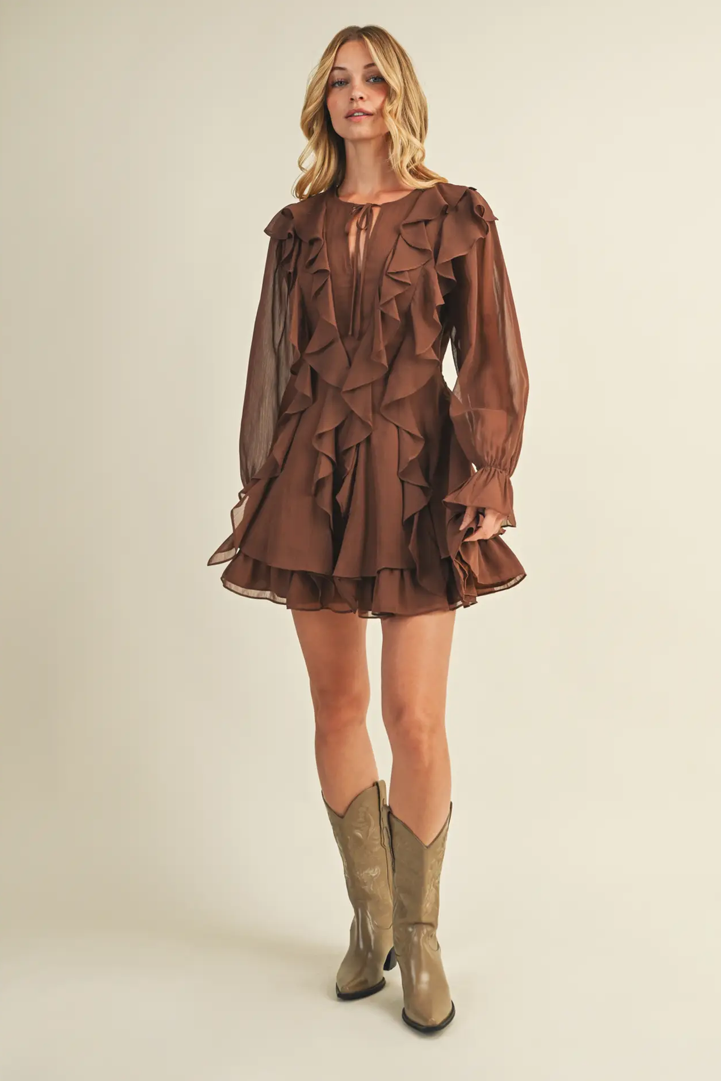 Tie Front Ruffled Brown Short Dress