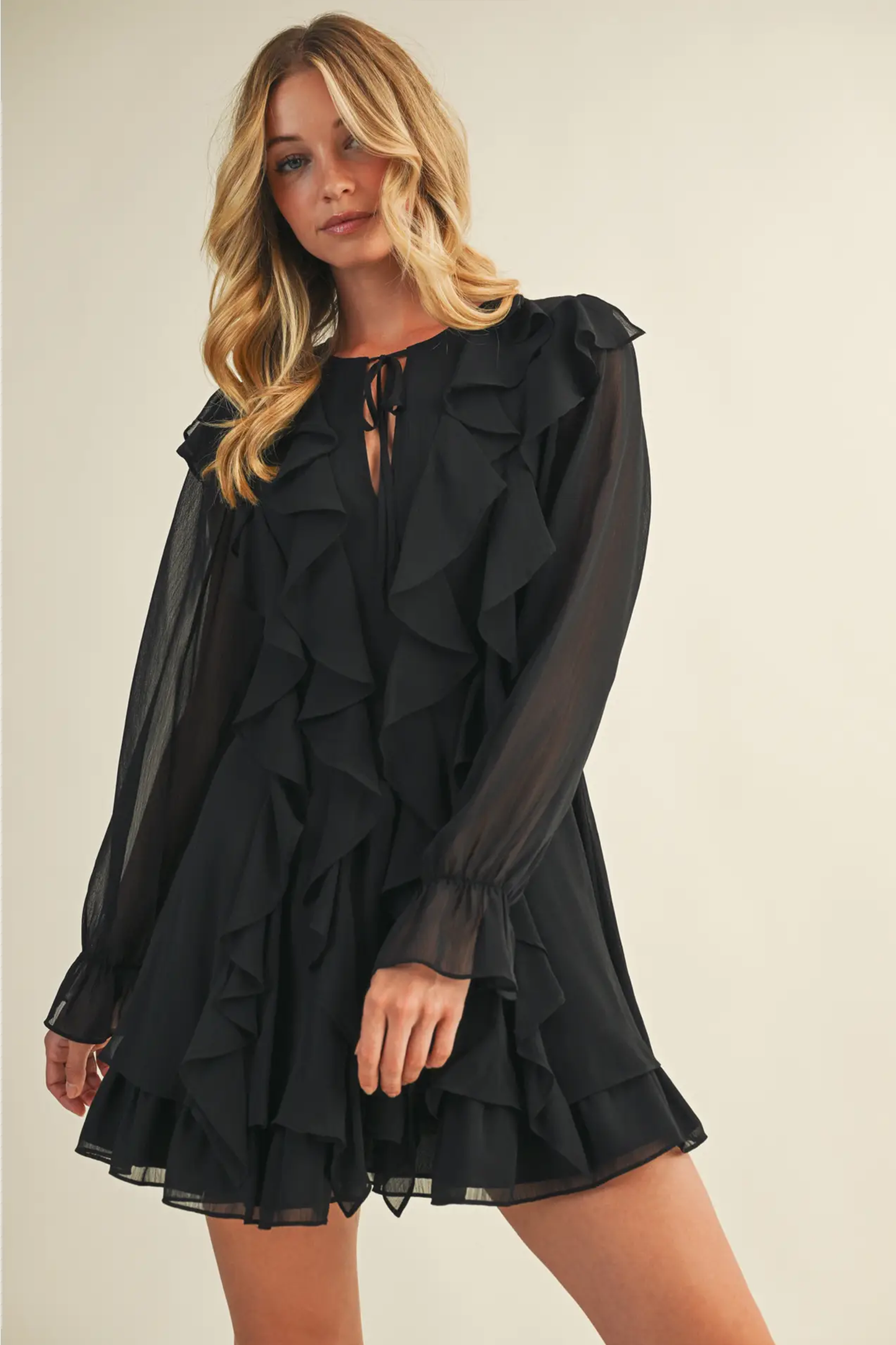 Tie Front Ruffled Black Short Dress