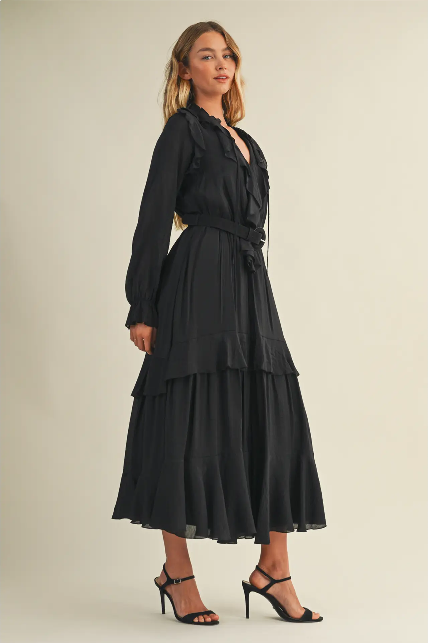 Luxury Belted Ruffled Long Black Dress
