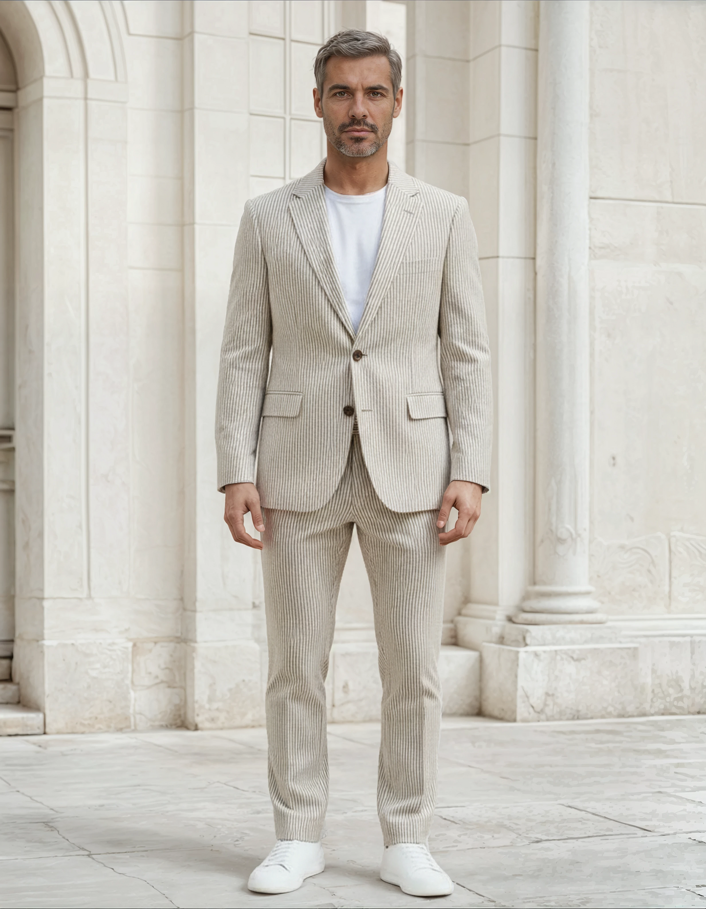 Slim Fit Two-Button Seersucker Tan Suit Set