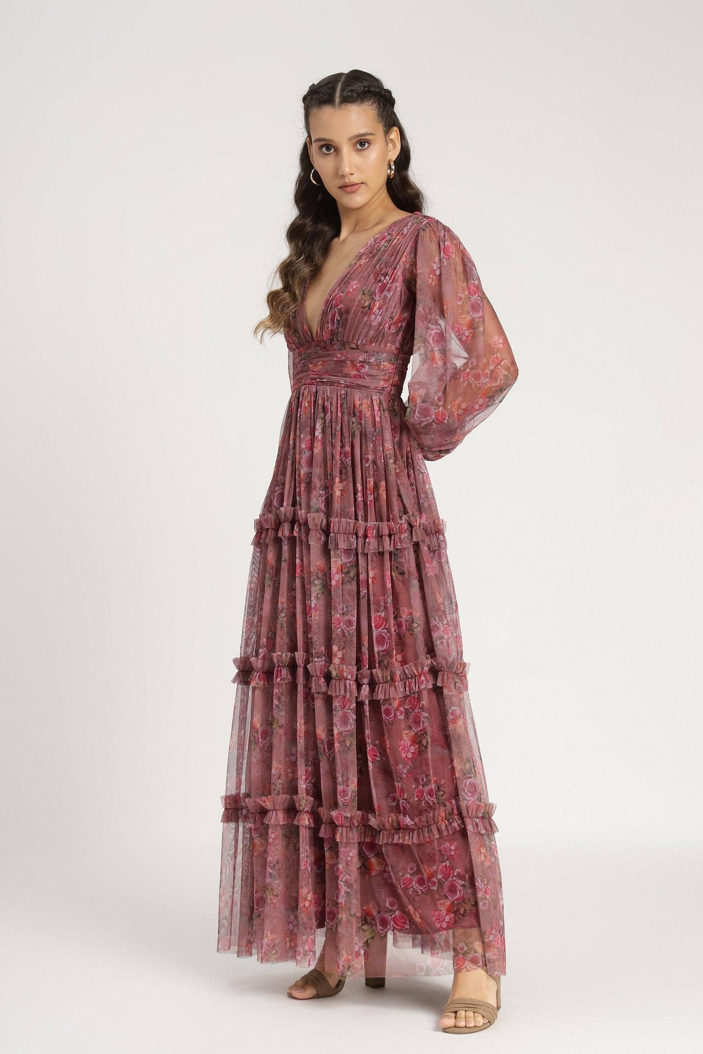 Elegant Purple Floral Tulle Maxi Dress for Formal & Wedding Guest Occasions