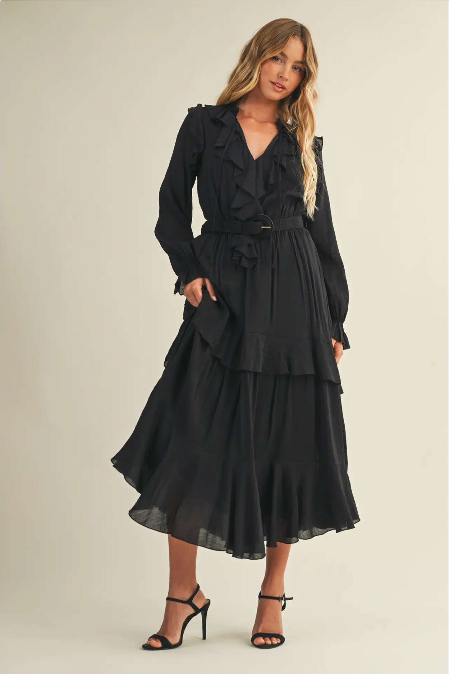 Luxury Belted Ruffled Long Black Dress