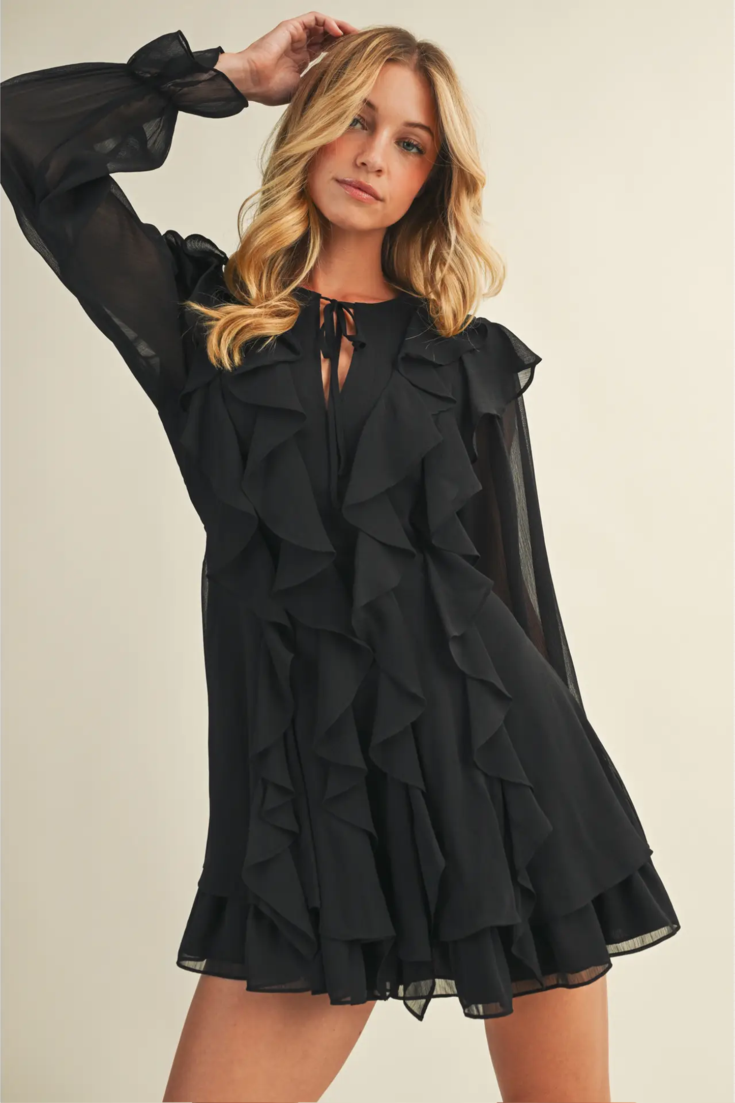 Tie Front Ruffled Black Short Dress