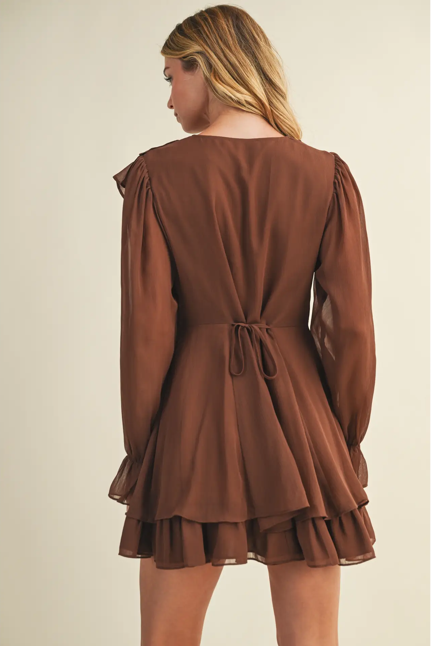 Tie Front Ruffled Brown Short Dress