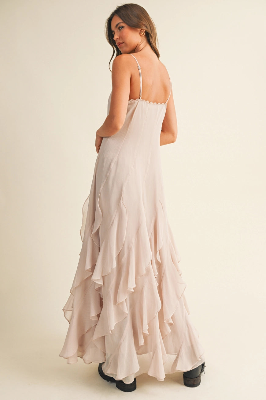 Lace V Neck Ruffled Cami Cream Dress