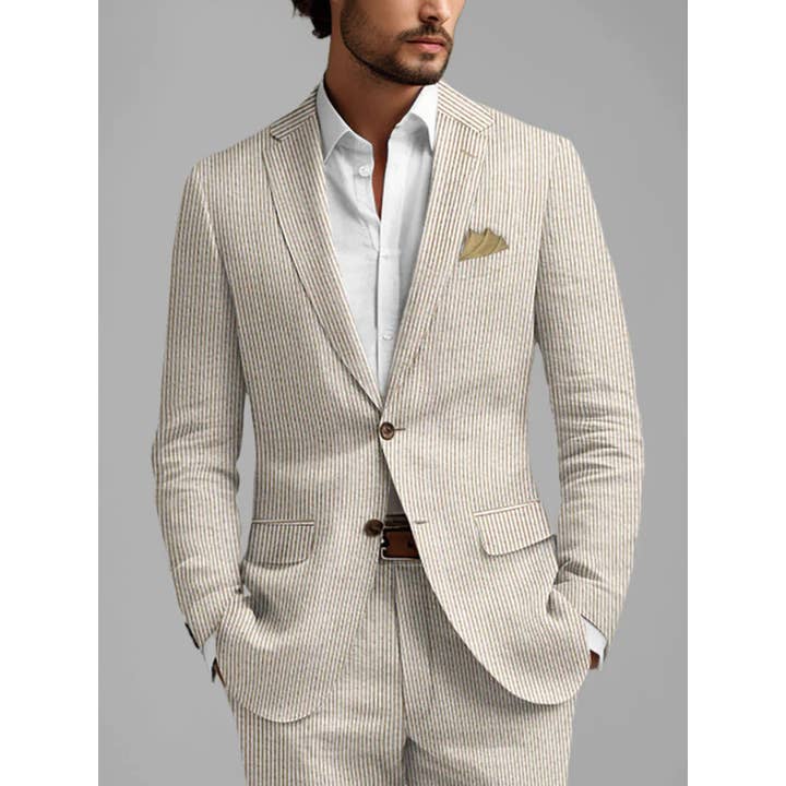 Ferrecci Men's Tan Slim Fit Two-Button Seersucker Suit Set for Formal Occasions