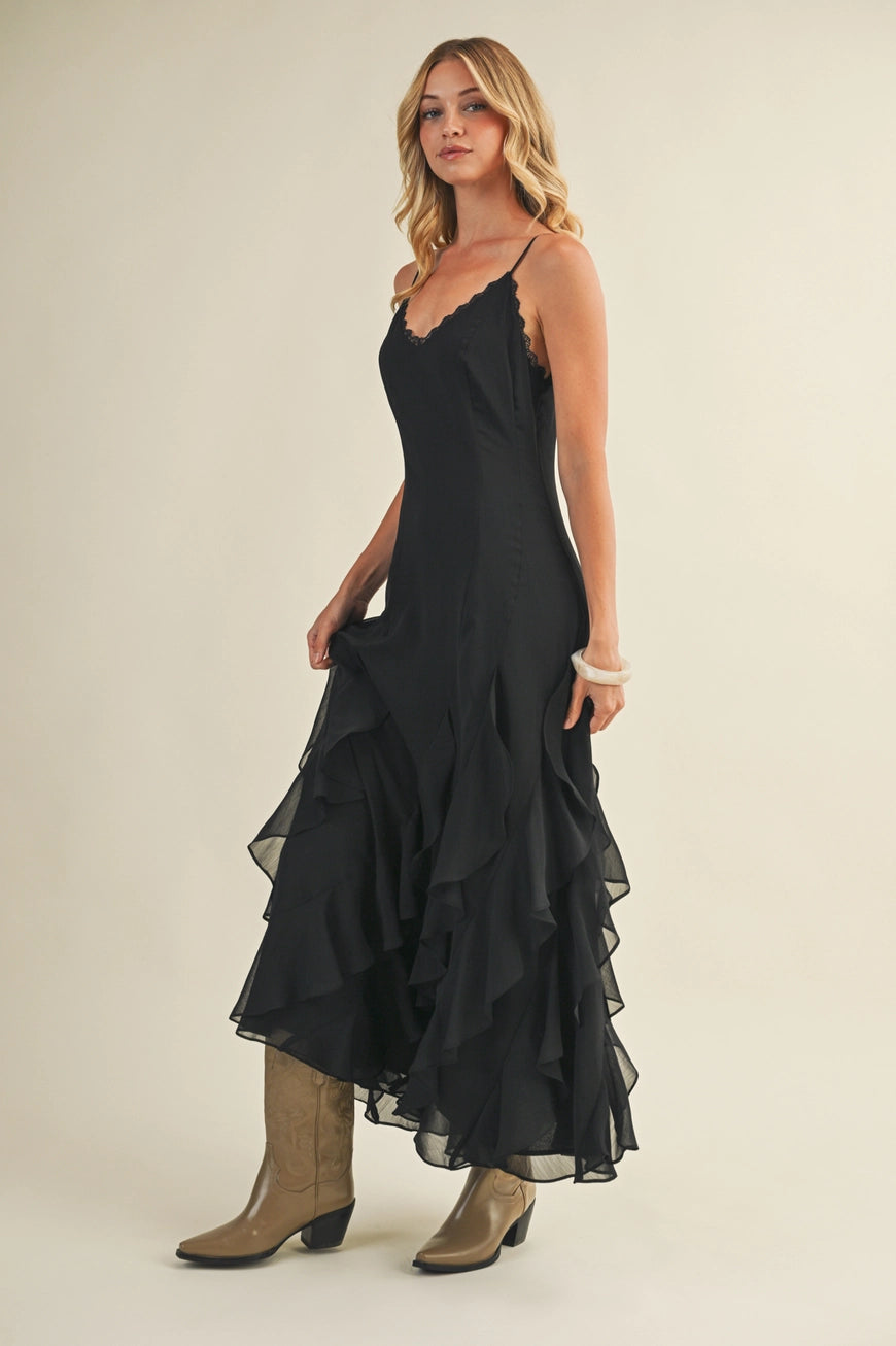 Lace V Neck Ruffled Cami Black Dress
