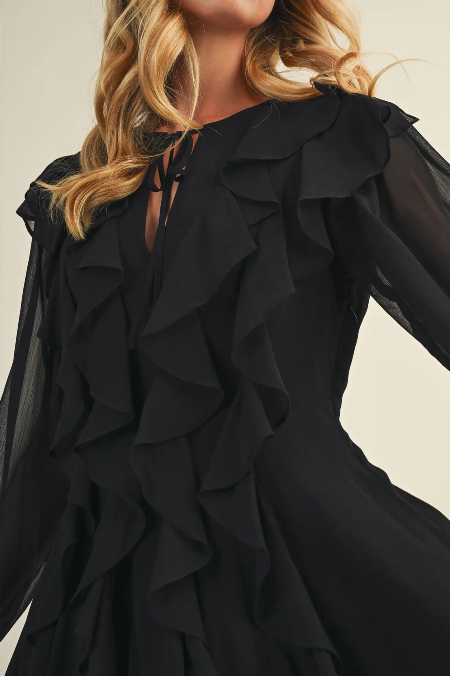 Tie Front Ruffled Black Short Dress