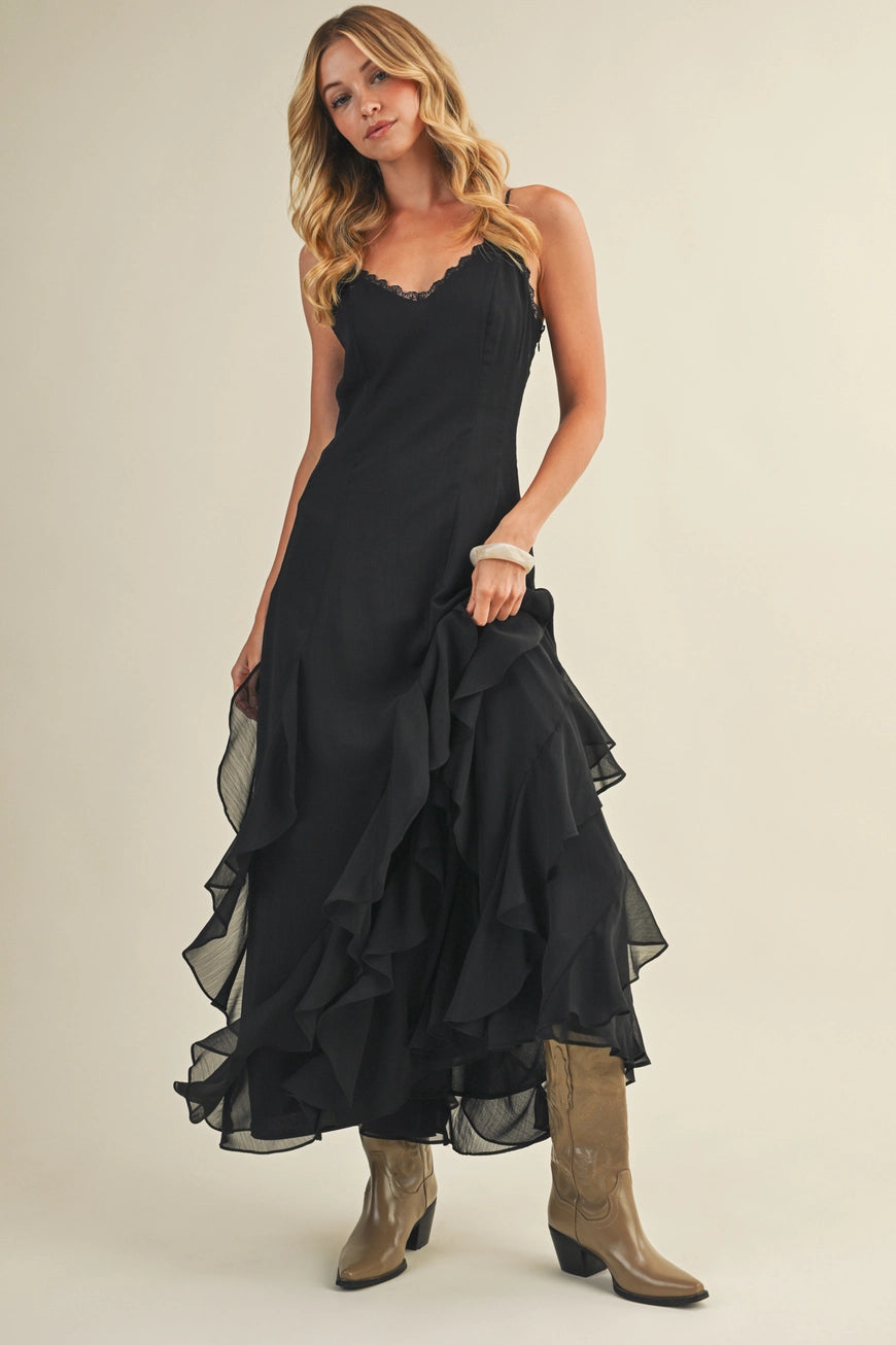 Lace V Neck Ruffled Cami Black Dress