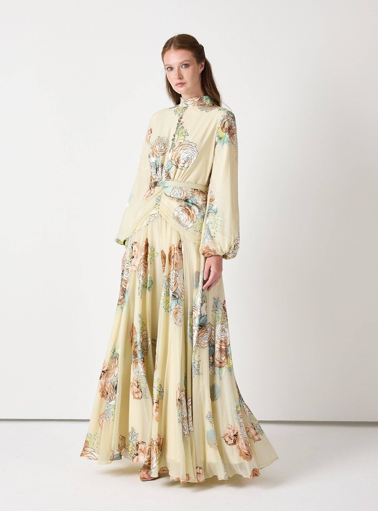 Wholesale Floral Belted Devoré Velvet Effect Maxi Dress for Women