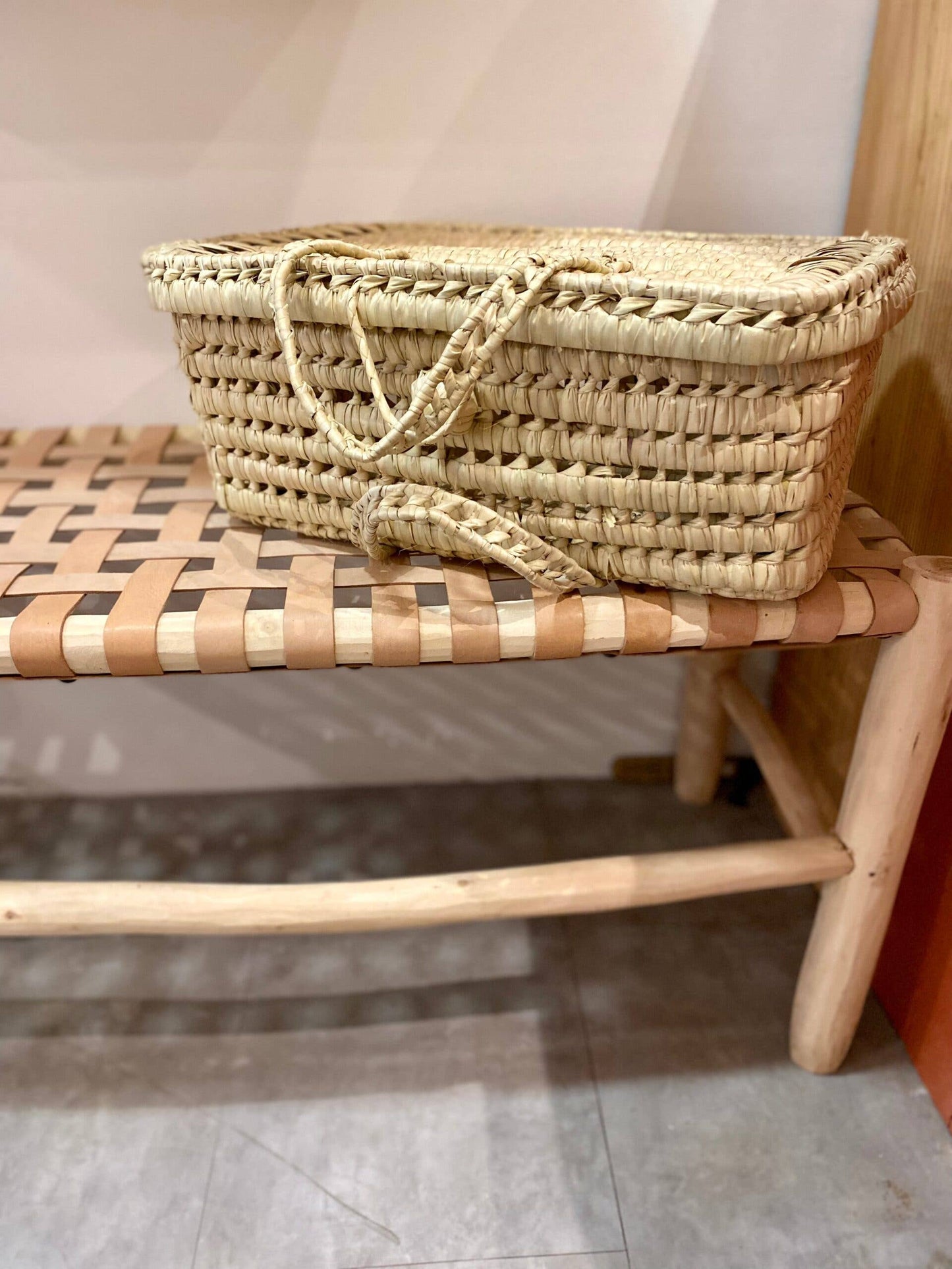 Authentic Handcrafted Moroccan Wooden Bench, Woven Leather Seat, Durable Eucalyptus Wood