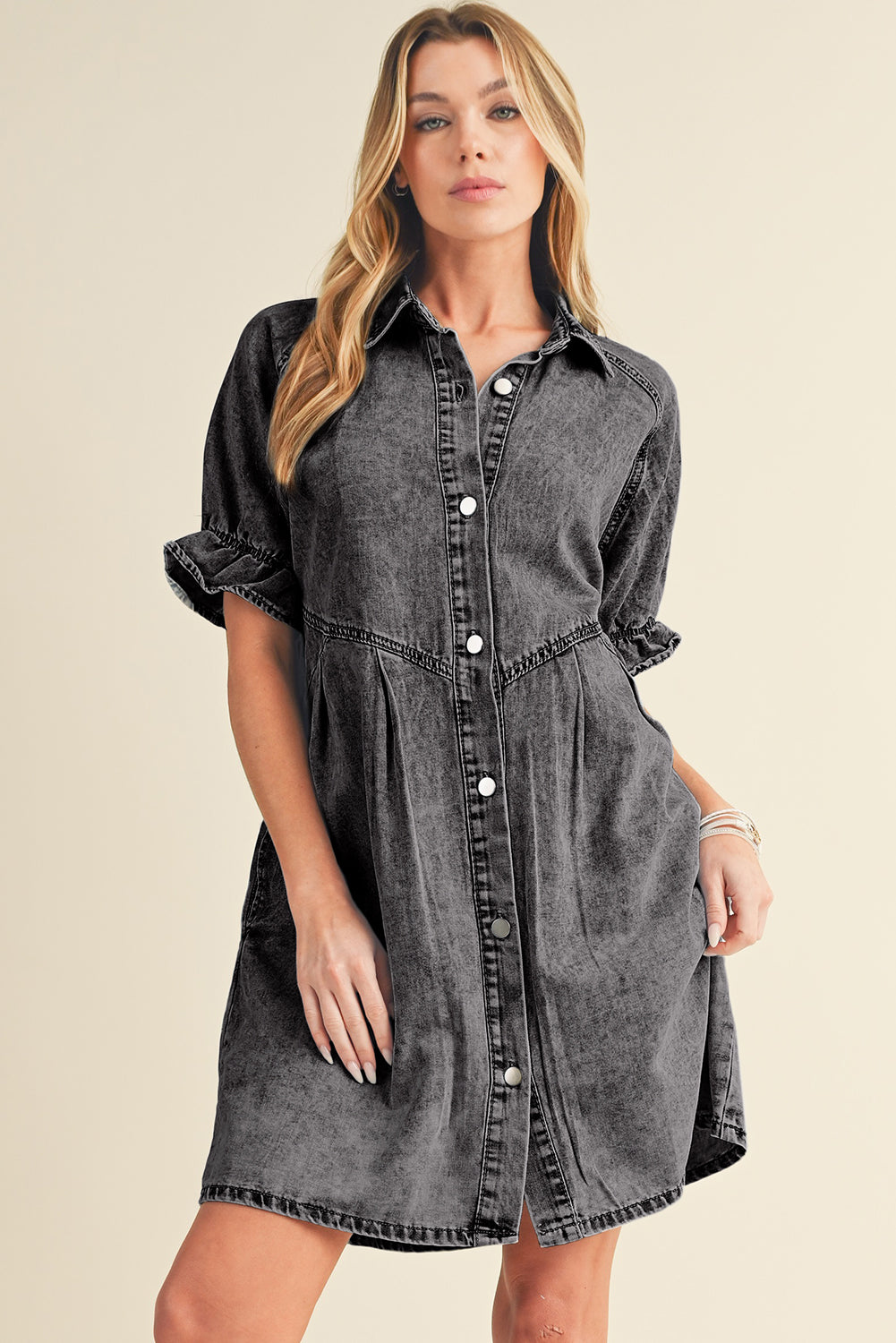 Ruffled Short Sleeve Pocketed Denim Dress