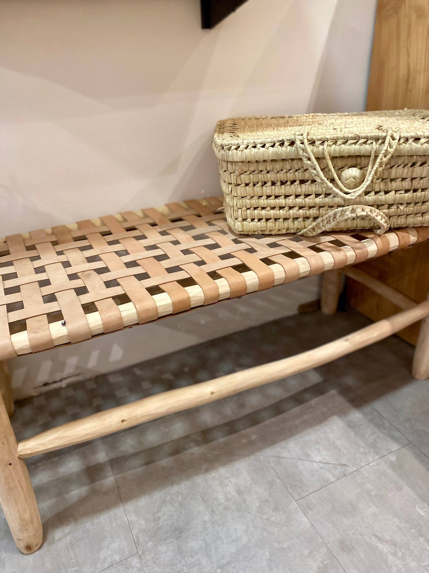 Authentic Handcrafted Moroccan Wooden Bench, Woven Leather Seat, Durable Eucalyptus Wood