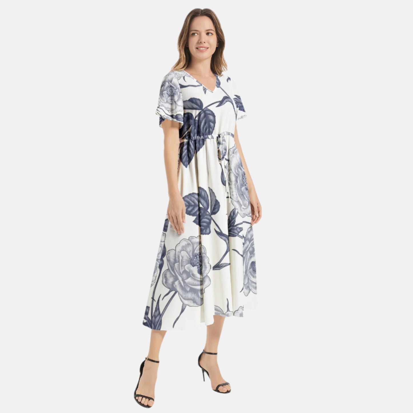 Floral Flutter Sleeve Drawstring Waist Flared Dress