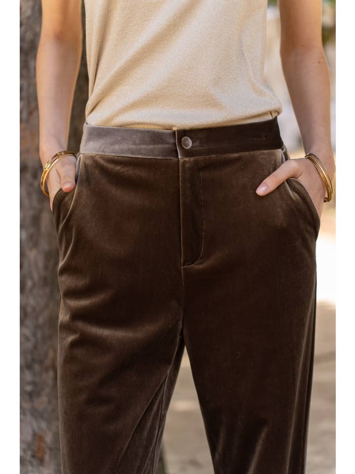 Elegant High-Waisted Straight-Cut Velvet Trousers with Side Pockets, Button Closure