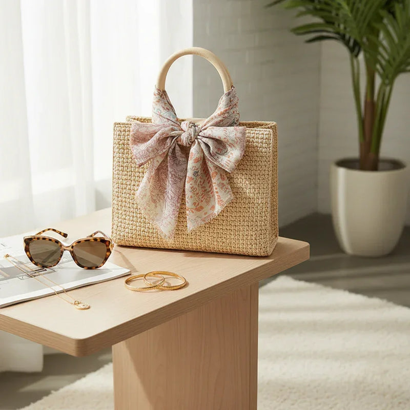 الشال مربوط بأناقة على حقيبة القش