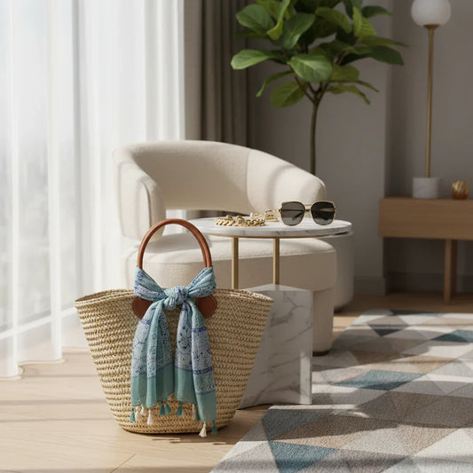 الشال مربوط بأناقة على حقيبة القش