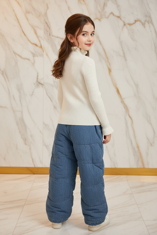 سويتر أبيض مبطن مع بنطال جينز - خلفي
