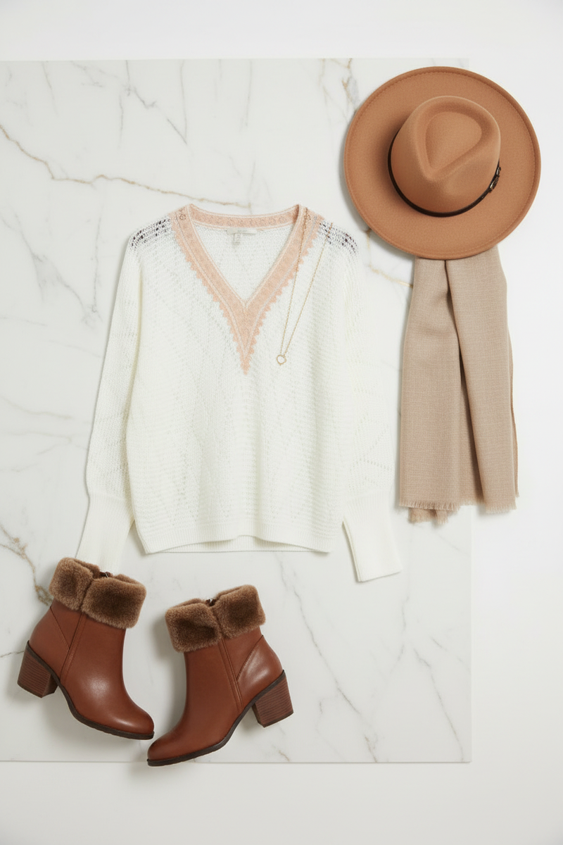 السويتر الأبيض مع إكسسوارات بنية - أمامي